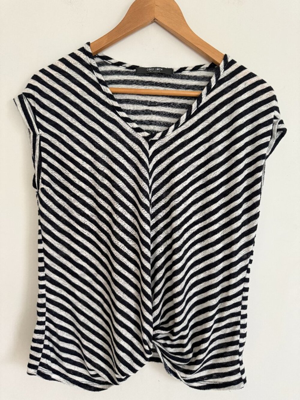 Coin 1804 Women Striped Black White V Neck Short Cap Sleeve Rolled Front Size L